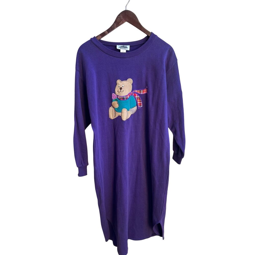 Vintage Purple Teddy Bear Nightgown Cozy Soft Long Sleeve Womens Medium